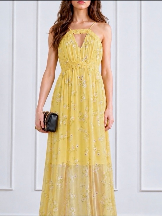 BCBG Dresses & Skirts - BCBG Mariposa Yellow Floral Lace Cut-Out Chiffon Maxi Dress 12